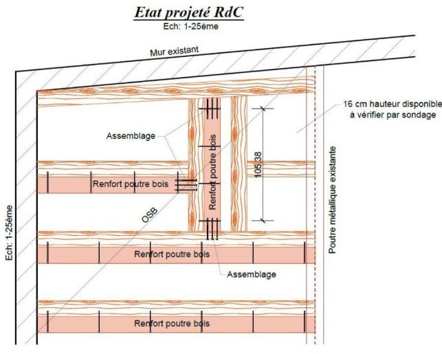 Plan de principe pour le renforcement de poutres bois et solivage existant au rez-de-chaussée