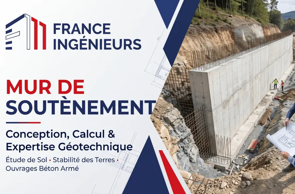 Coupe d'un mur de soutènement en béton armé avec talon, drain, géotextile et barbacanes