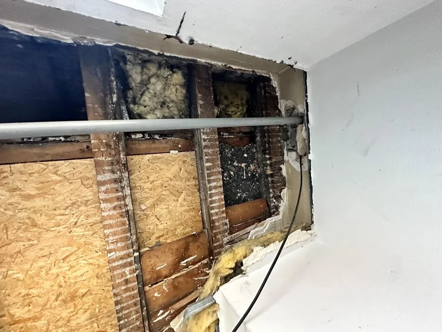 Plancher ouvert montrant un isolant humide, des panneaux OSB et des solives bois